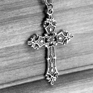 Lant cu pandantiv cruce, model holy land, tematica religioasa, unisex, argintiu, - Img 3