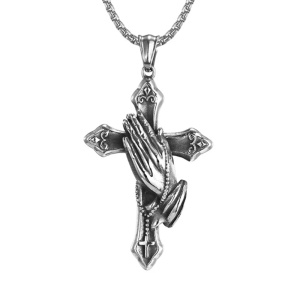 Lant cu pandantiv cruce, model rugaciune, unisex, argintiu,