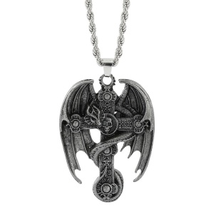 Lant cu pandantiv cruce vintage, model cu dragon si aripi mari, tematica deadly cross, unisex, argintiu,