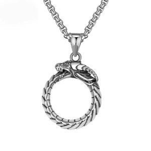 Lant cu pandantiv dragon, rotund, unisex, argintiu,