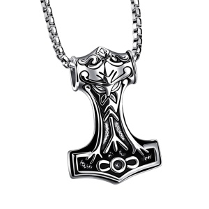 Lant cu pandantiv Mjolnir toporul lui Thor, model viking style, unisex, argintiu,