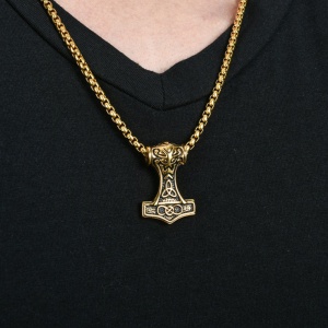 Lant cu pandantiv Mjolnir toporul lui Thor, model viking style, unisex, auriu, - Img 3