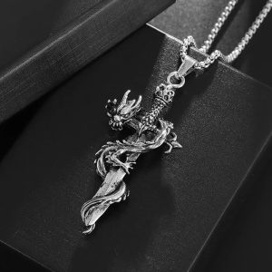 Lant cu pandantiv sabie si dragon, model retro mitologic, tematica dragon sword, unisex, argintiu, - Img 4