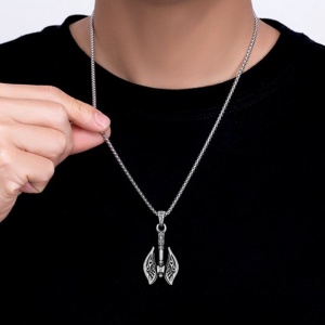 Lant cu pandantiv topor, model angel wing, unisex, argintiu inchis, - Img 2
