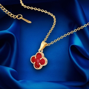 Lant dama, pandantiv cu trifoi cu patru foi, model minimalist, reglabil, tematica lucky flower, rosu - Img 3