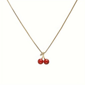 Lant dama, pandantiv minimalist cu cirese delicioase, model tineresc, tematica tasty and sweet, auriu cu rosu