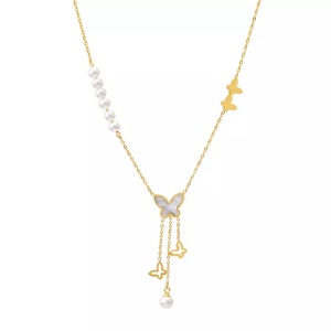 Lant dama, pandantive fluturi, accesorii perlute, auriu