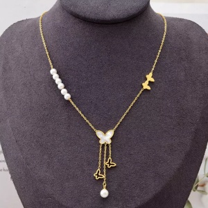 Lant dama, pandantive fluturi, accesorii perlute, auriu - Img 2