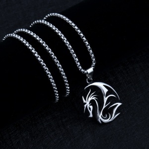Lant fantasy, cu pandantiv dragon design minimalist, unisex, argintiu, - Img 2