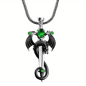 Lant gotic cu pandantiv sabie si dragon, model mitologic fantasy, tematica dragon slayer, unisex, verde, - Img 3