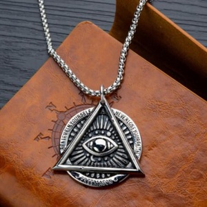 Lant Ilumitatii free mason, pandantiv triunghi cu all seeing eye, model never lose your faith, unisex, argintiu, - Img 3