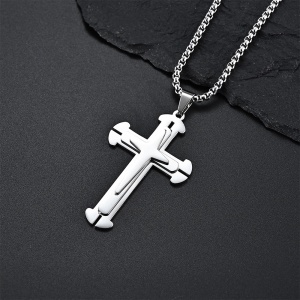 Lant minimalist, cu pandantiv cruce stil modenrnist, model new age, unisex, argintiu, - Img 3