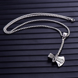 Lant mitologie nordica, cu pandantiv toporul lui Thor Stormbreaker, unisex, argintiu, - Img 4