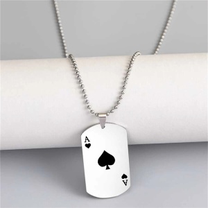 Lant, model carti de joc poker, pandantiv carte de joc castigatoare “As”, unisex, argintiu, - Img 2