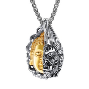 Lant model double face, cu pandantiv Buddha and Devil demon, unisex, argintiu cu auriu,