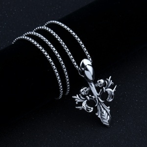 Lant model gothic, cu pandantiv cruce cu dead skull, unisex, argintiu, - Img 2