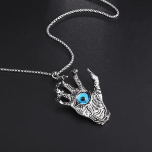 Lant, model gotic vintage, pandantiv mana cu ochi de demon, unisex, argintiu, - Img 4