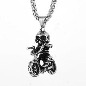 Lant, model retro, pandantiv schelet motociclist, tematica ghost rider, unisex, argintiu,