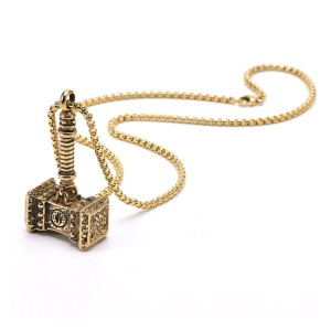 Lant, model vintage mjolnir, pandantiv ciocanul lui Thor, unisex, auriu,