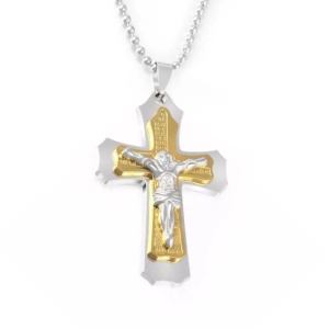 Lant tematica religioasa, cu pandantiv cruce, unisex, auriu,