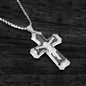 Lant tematica religioasa, cu pandantiv cruce, unisex, negru, - Img 3