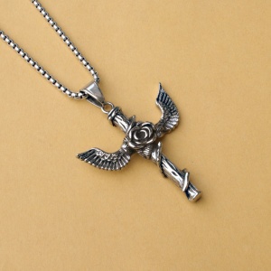 Lant unisex, pandantiv deosebit, model cu trandafir si aripi in forma de cruce, tematica winged flower, argintiu, - Img 4