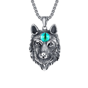 Lant unisex, pandantiv deosebit, model lup cu ochi de demon din sticla, tematica evil beast, argintiu cu albastru,