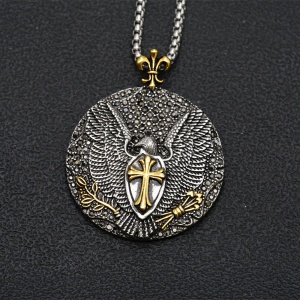 Lant unisex, pandantiv rotund deosebit, model cu vultur si cruce, cristale de sticla cu efect special, tematica royal crest pendant, auriu, - Img 4