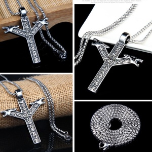 Lant unisex, pandantiv runa nordica, model cu doua capete, tematica viking mythology, argintiu, - Img 4