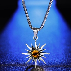 Lant unisex, pandantiv soare, model cu evil eye din sticla, tematica I see you, argintiu cu galben, - Img 3