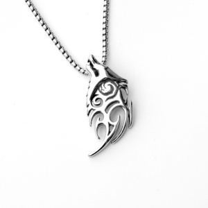 Lant unisex, pandantiv tip lup, model retro viking, tematica great wolf, argintiu, - Img 4