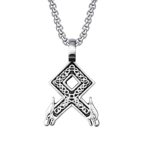Lant unisex, pandantiv tip rune vikinge, model deosebit cu capete de dragon, tematica twin dragon mythology, argintiu,