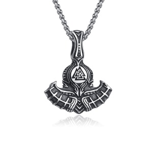 Lant unisex, pandantiv viking, model cu topor deosebit, tematica Odin’s battle axe, argintiu,