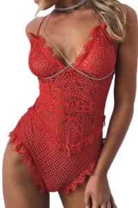 Lenjerie body sexy, dantela, dama, rosu - Img 3