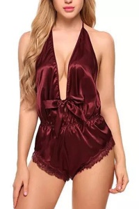 Lenjerie body sexy, satin, visiniu