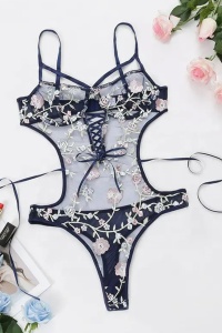 Lenjerie sexy dama, body delicat cu detalii la decolteu, model floral one side, albastru - Img 2