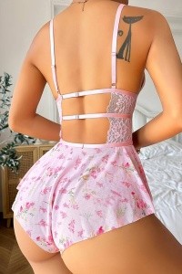 Lenjerie sexy dama, body spate gol si bretele reglabile, model incitant, imprimeu floral, tematica romantic nights, roz - Img 2