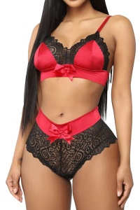 Lenjerie sexy dama, set 2 piese, chilot talie inalta si sutien reglabil, model senzual cu fundite, tematica nopti romantice, rosu