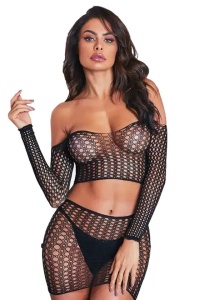 Lenjerie sexy dama, set 2 piese, top cu umeri goi, maneci lungi si fusta scurta, model provocator mulat, tematica felling hot, negru