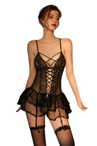 Lenjerie sexy dama, set 3 piese, rochie tip corset cu fustita si portjartier, ciorapi si chilot tanga, tematica it’s all about last night, model romantic senzual, negru