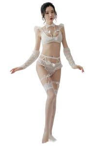 Lenjerie sexy dama, set 6 piese, top tip corset, manusi delicate, ciorapi, jartiere, chilot cu fundita, accesoriu pentru par, model nasty sexy bride dream, alb