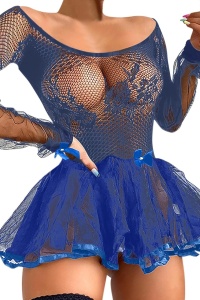 Lenjerie sexy dama, tip rochie scurta cu maneci lungi transparente si volum in partea de jos, model barbie girl, albastra