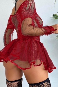Lenjerie sexy dama, tip rochie scurta cu maneci lungi transparente si volum in partea de jos, model barbie girl, rosie - Img 2