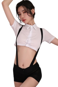 Lenjerie sexy, set 2 piese, pantaloni scurti cu bretele lungi, mini camasa, model scolaresc, tematica school crush, alb cu negru