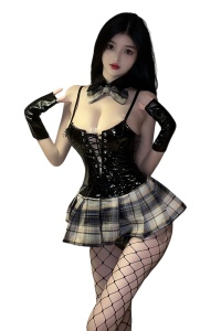 Lenjerie sexy, set 3 piese, rochie scurta cu prindere tip corset, chilot decupaj tanga si accesoriu pentru gat, model provocator, tematica love me now, gri