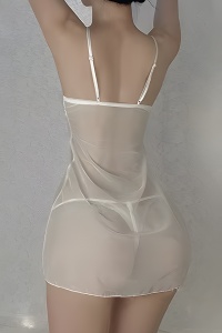 Lenjerie sexy, set 3 piese, rochie semitransparenta, chilot decupaj tanga si cover tip halat cu cordon, model delicat si senzual, tematica hot night, alb - Img 2