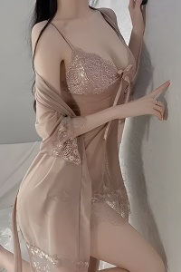 Lenjerie sexy, set 3 piese, rochie semitransparenta, chilot decupaj tanga si cover tip halat cu cordon, model delicat si senzual, tematica hot night, maro - Img 3