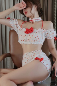Lenjerie sexy, set 3 piese, top tip bustiera, chilot brazilian talie inalta si accesoriu pentru gat tip choker, imprimeu cu capsuni delicioase, model inocent, tematica sweet love lady, alb - Img 3