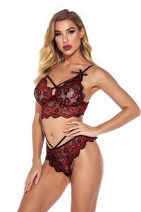 Lenjerie sexy, set din 2 piese, sutien tip bustiera si chiloti stil brazilian, dantela delicata, rosu - Img 3