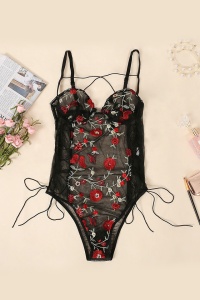 Lenjerie tip body sexy, dantela, negru cu motiv floral - Img 3